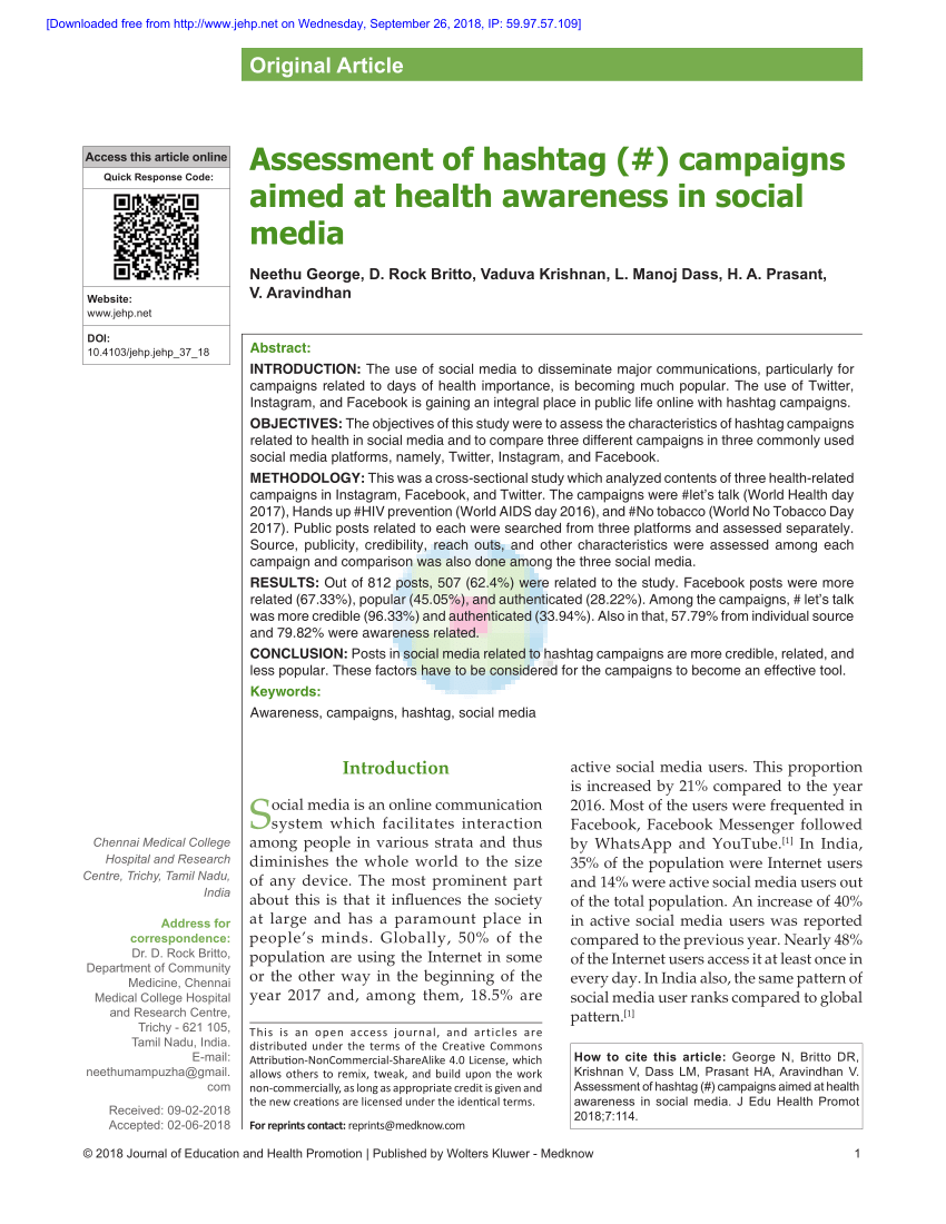 PDF) Assessment of hashtag (#) campaigns aimed at health awareness in  social media