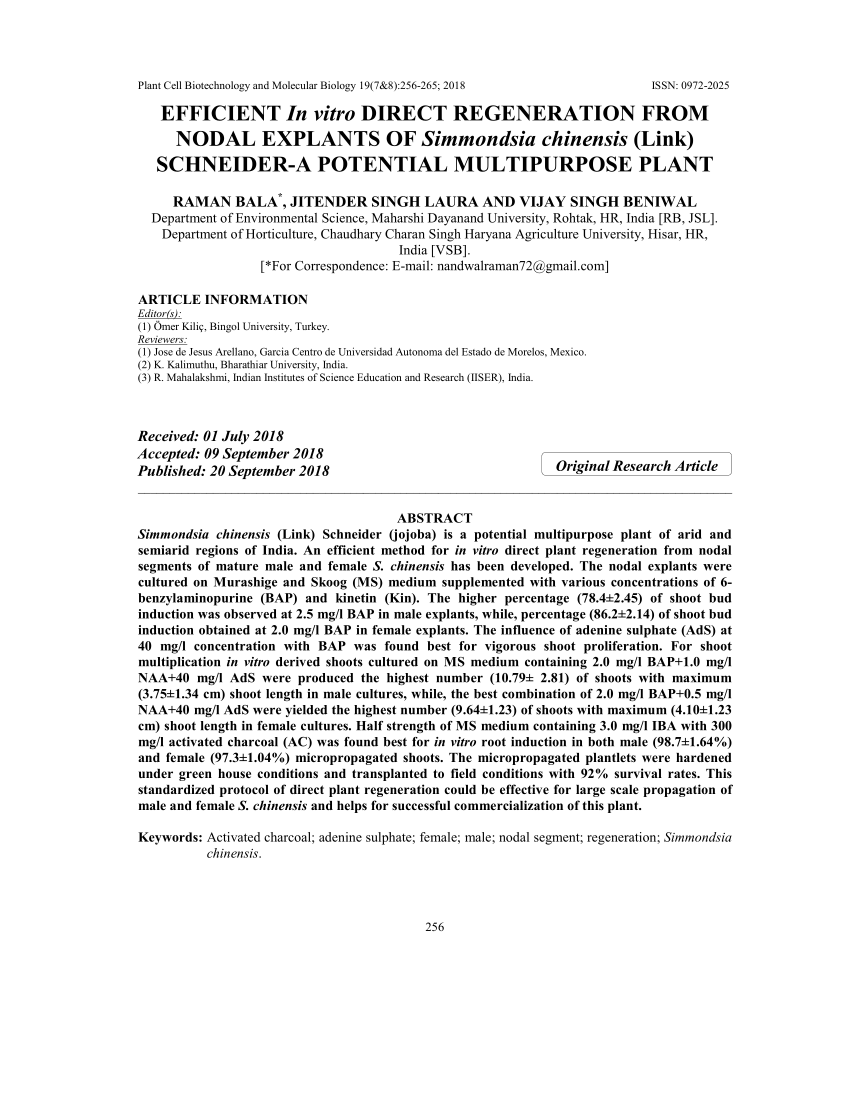 PDF) Efficient In vitro direct regeneration from nodal explants of  Simmondsia chinensis (Link) Schneider-A potential multipurpose plant