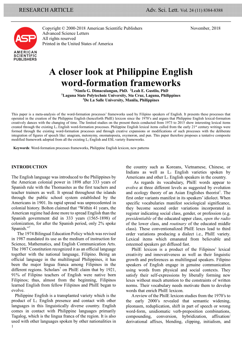 Pdf A Closer Look At Philippine English Word Formation Frameworks