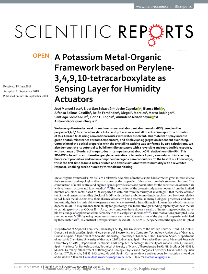 Pdf A Potassium Metal Organic Framework Based On Perylene 3 4 9 10 Tetracarboxylate As Sensing Layer For Humidity Actuators