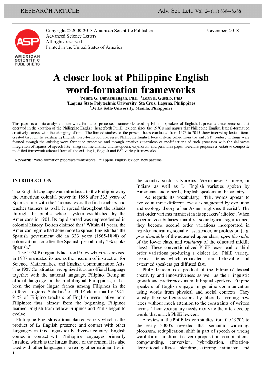 Pdf A Closer Look At Philippine English Word Formation Frameworks