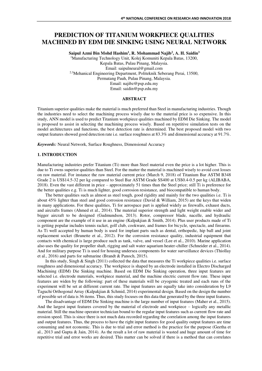 PDF) PREDICTION OF TITANIUM WORKPIECE QUALITIES MACHINED BY EDM 