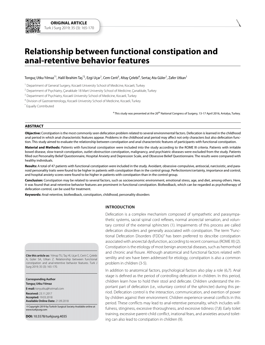 PDF) Relationship of functional constipation and anal-retentive behavior  features