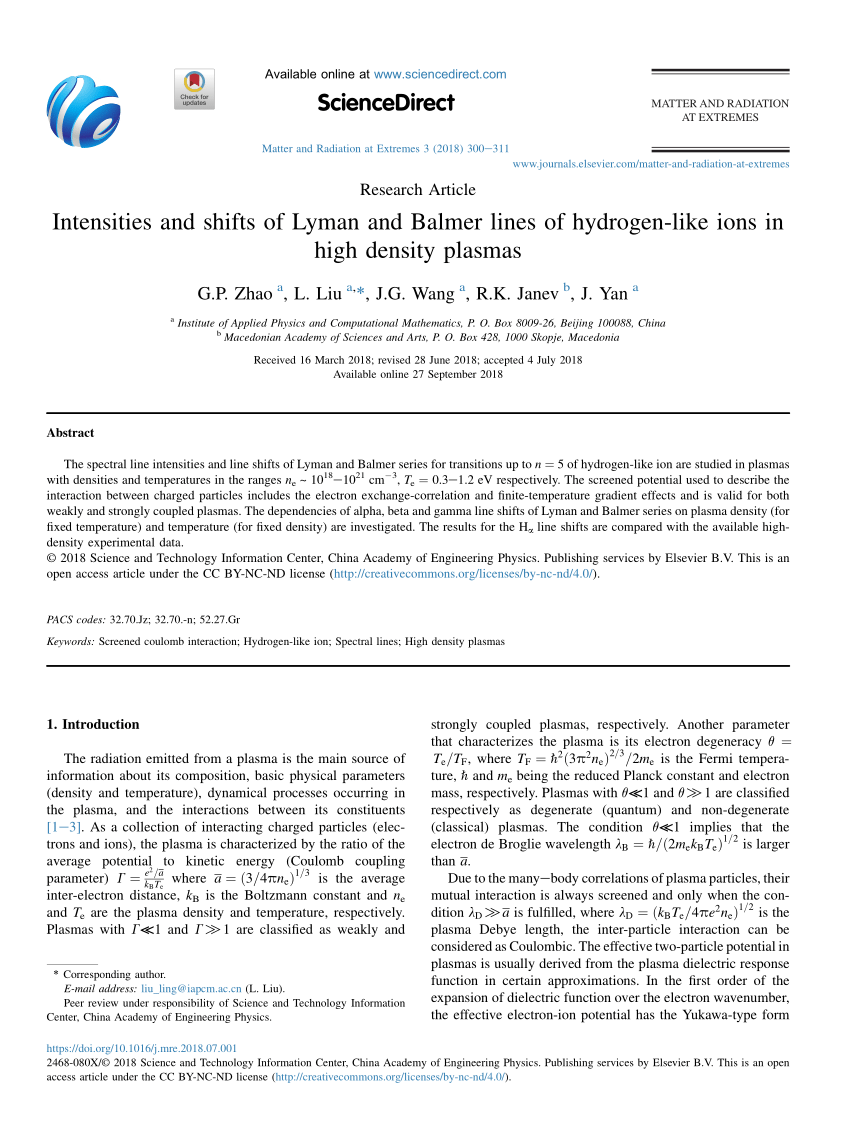 Pdf Intensities And Shifts Of Lyman And Balmer Lines Of Hydrogen Like Ions In High Density Plasmas