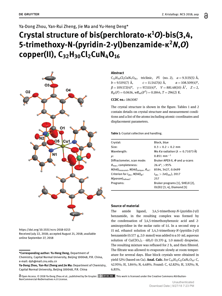 Pdf Crystal Structure Of Bis Perchlorato K1o Bis 3 4 5 Trimethoxy N Pyridin 2 Yl Benzamide K2n O Copper Ii C32h30cl2cun4o16