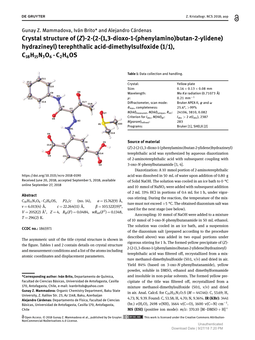 Pdf Crystal Structure Of Z 2 2 1 3 Dioxo 1 Phenylamino Butan 2 Ylidene Hydrazineyl Terephthalic Acid Dimethylsulfoxide 1 1 C18h15n3o6 C2h6os