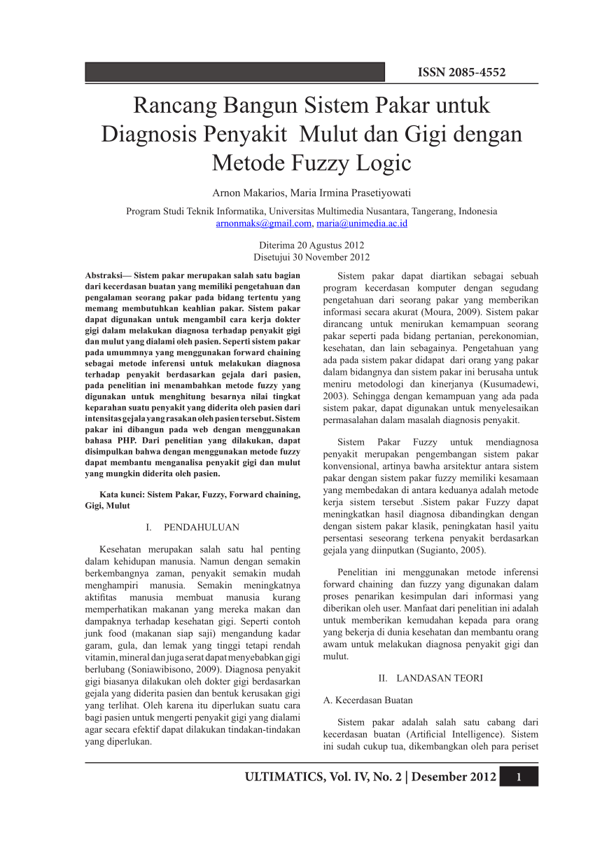 Pdf Rancang Bangun Sistem Pakar Untuk Diagnosis Penyakit Mulut Dan Gigi Dengan Metode Fuzzy Logic 5146