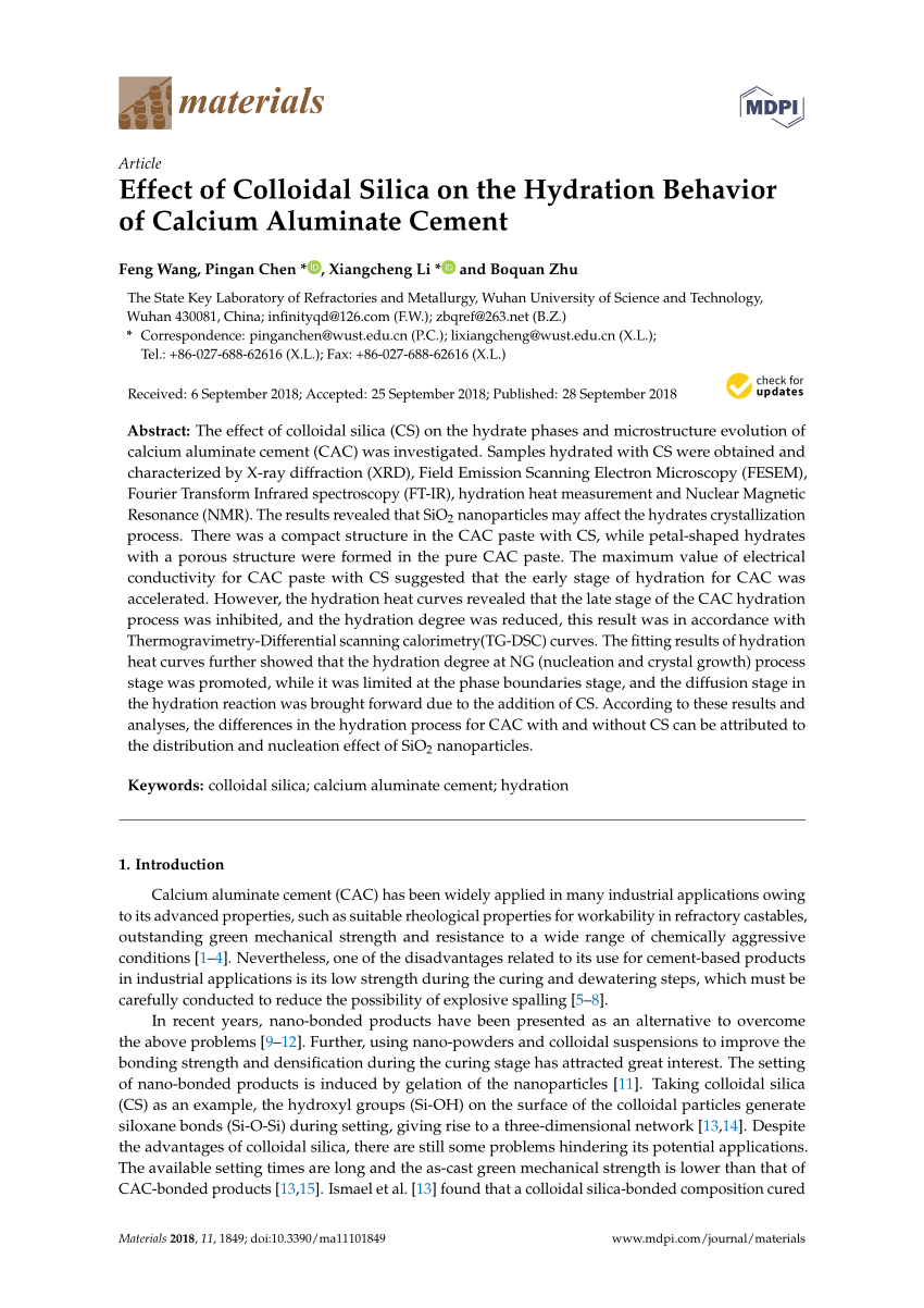 Pdf Effect Of Colloidal Silica On The Hydration Behavior Of Calcium Aluminate Cement