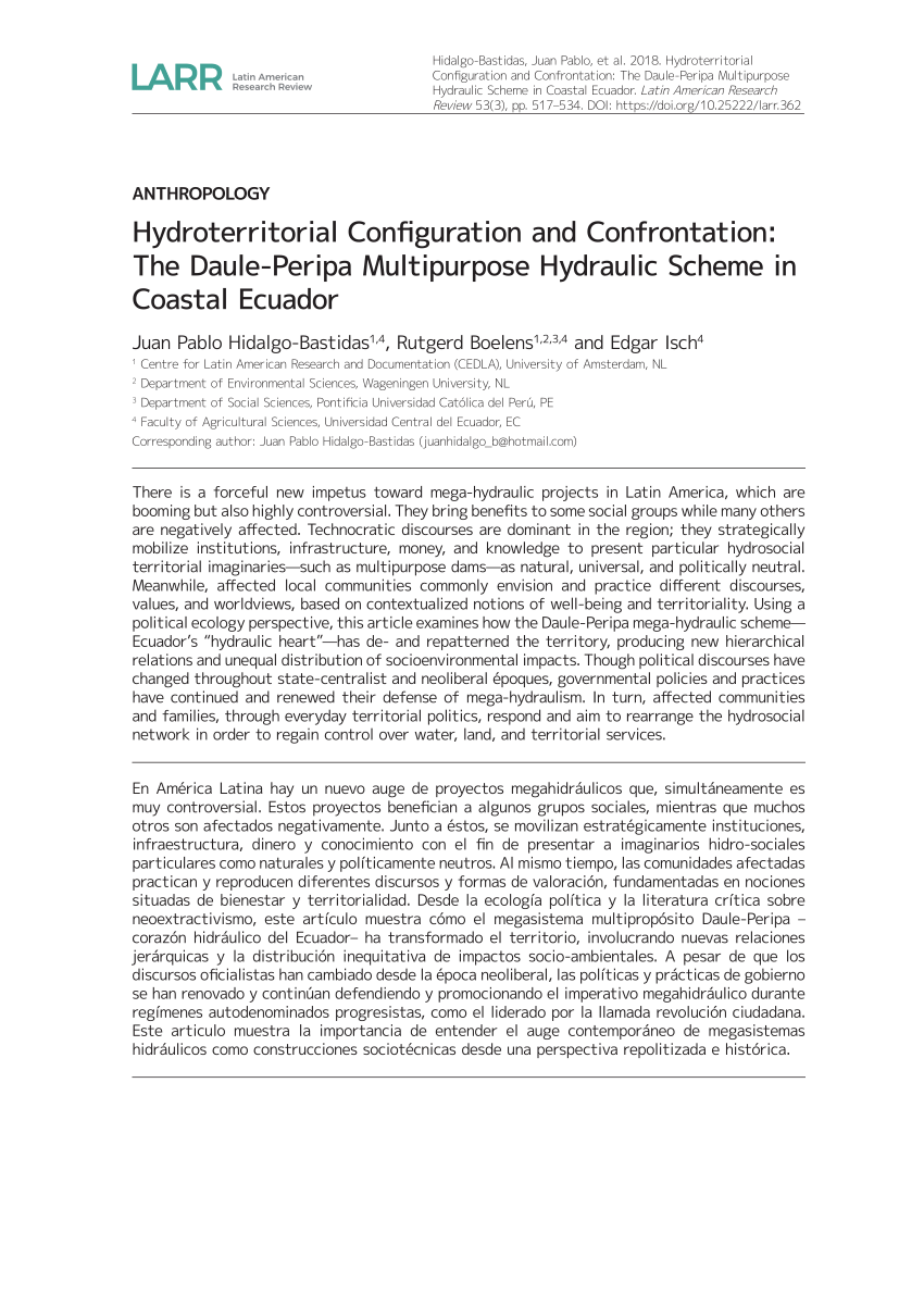 Pdf Hydroterritorial Configuration And Confrontation The Daule Peripa Multipurpose Hydraulic Scheme In Coastal Ecuador