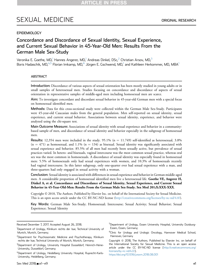 PDF) Concordance and Discordance of Sexual Identity, Sexual Experience, and  Current Sexual Behavior in 45-Year-Old Men: Results From the German Male Sex -Study