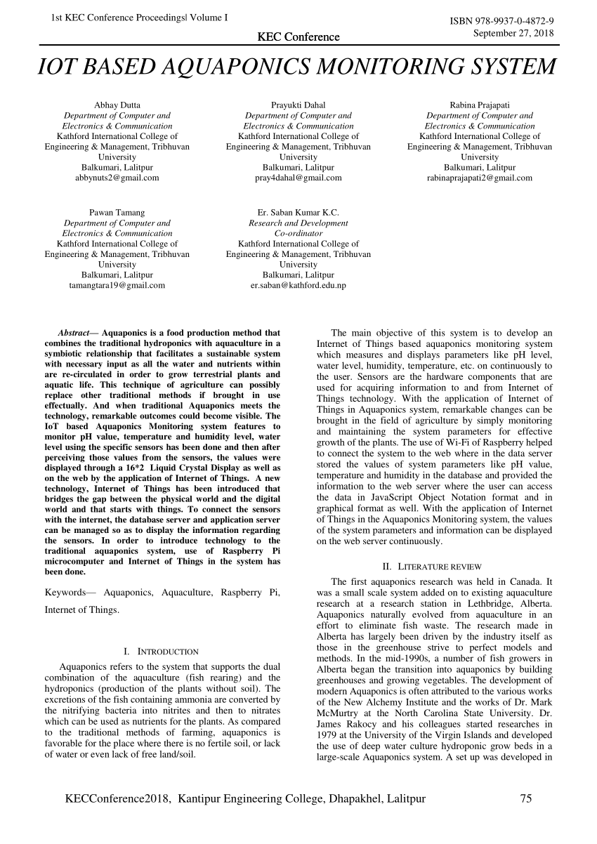 Pdf Iot Based Aquaponics Monitoring System