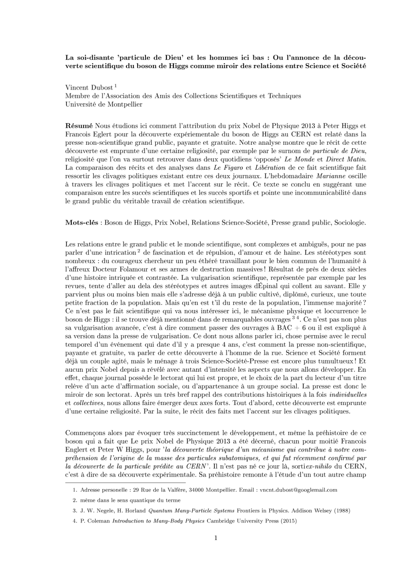 Pdf La Soi Disante Particule De Dieu Et Les Hommes Ici Bas Ou L Annonce De La Decouverte Scientifque Du Boson De Higgs Comme Miroir Des Relations Entre Science Et Societe