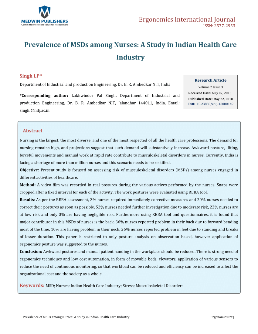 PDF) Prevalence of MSDs among Nurses: A Study in Indian Health ...