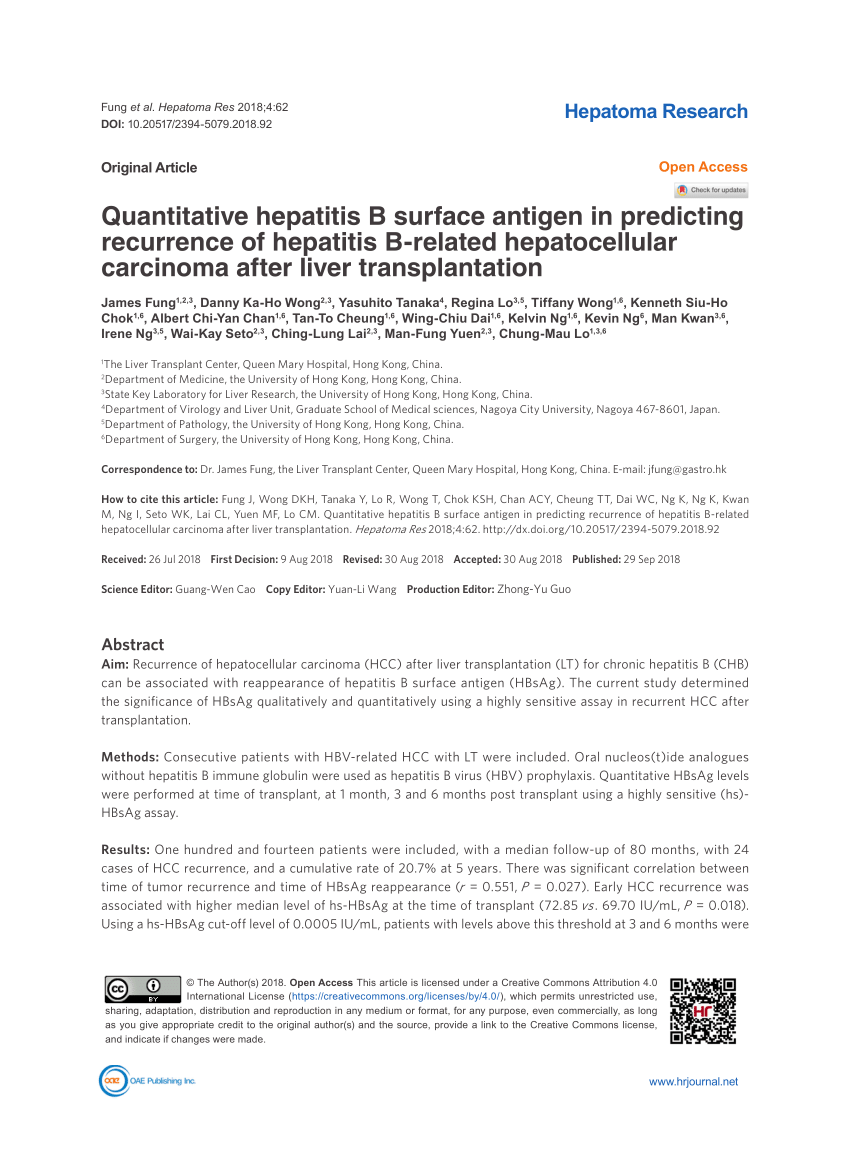 Pdf Quantitative Hepatitis B Surface Antigen In Predicting Recurrence Of Hepatitis B Related Hepatocellular Carcinoma After Liver Transplantation