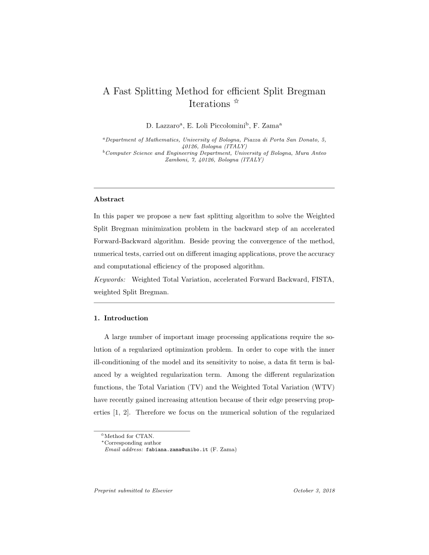 (PDF) A Fast Splitting Method for efficient Split Bregman Iterations