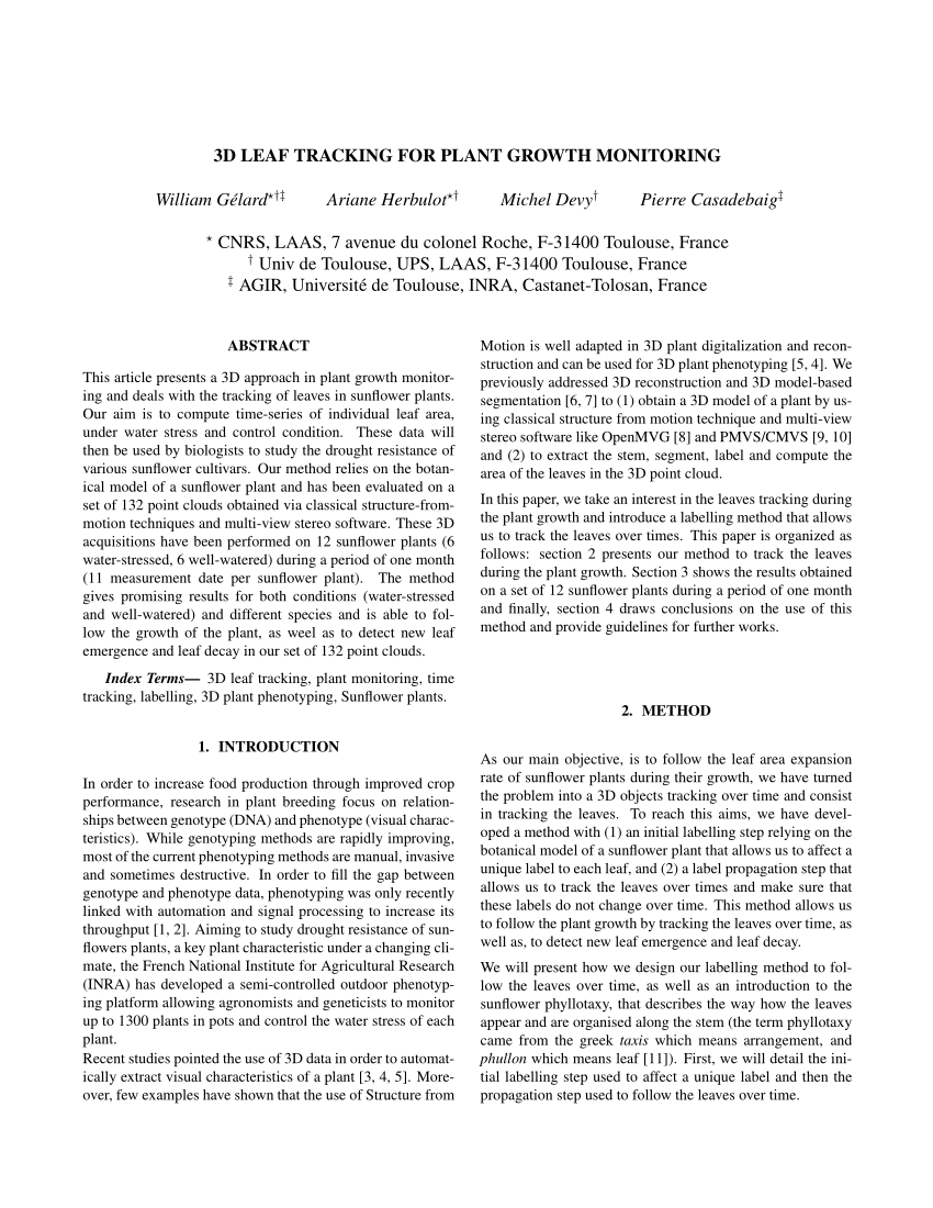 (PDF) 3D Leaf Tracking for Plant Growth Monitoring