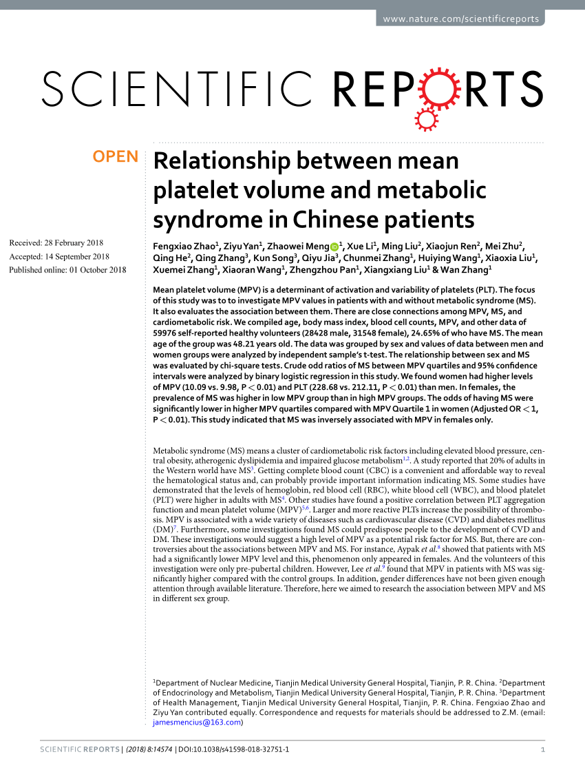 PDF) Relationship between mean platelet volume and metabolic syndrome in  Chinese patients