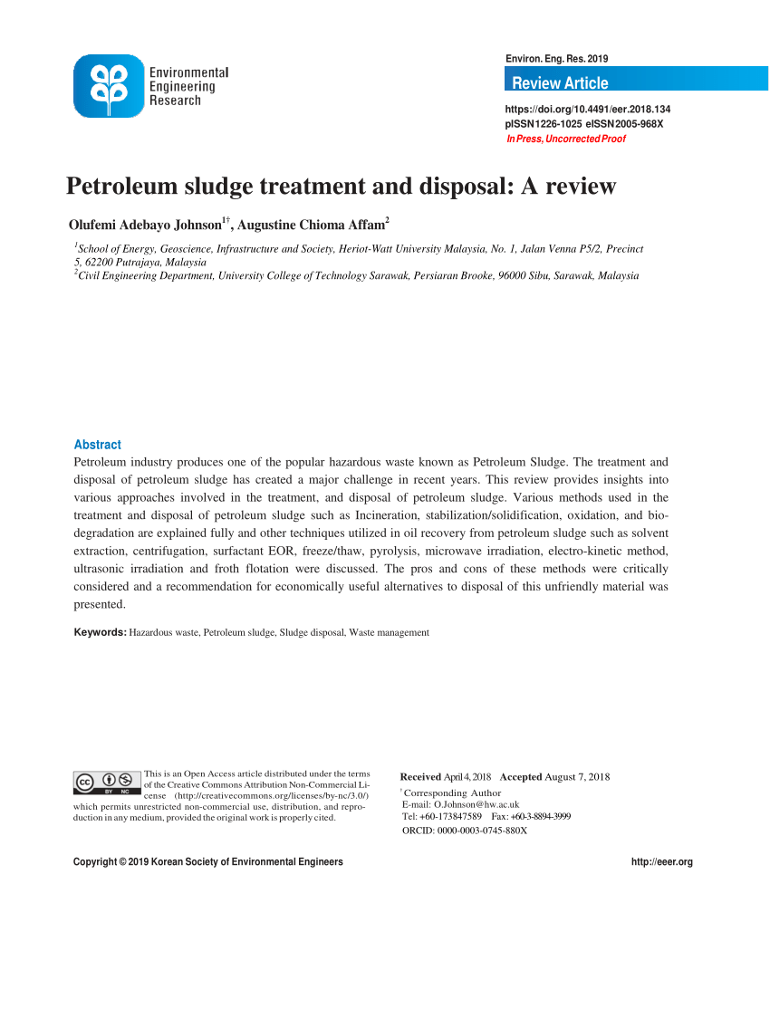 Pdf Petroleum Sludge Treatment And Disposal A Review