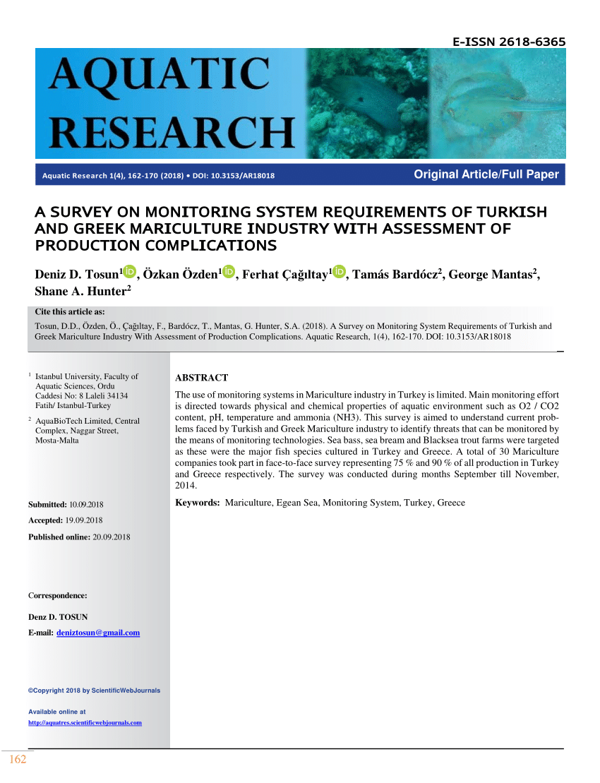 Pdf A Survey On Monitoring System Requirements Of Turkish And Greek Mariculture Industry With Assessment Of Production Complications