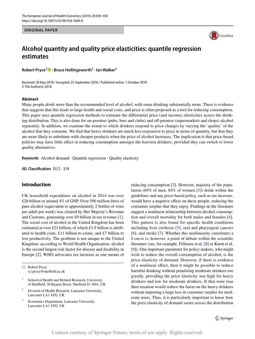 Pdf Alcohol Quantity And Quality Price Elasticities Quantile Regression Estimates