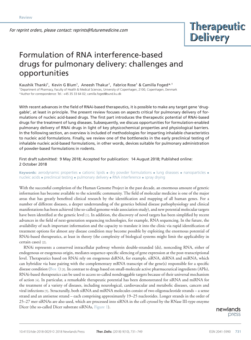 PDF) Formulation of RNA interference-based drugs for pulmonary