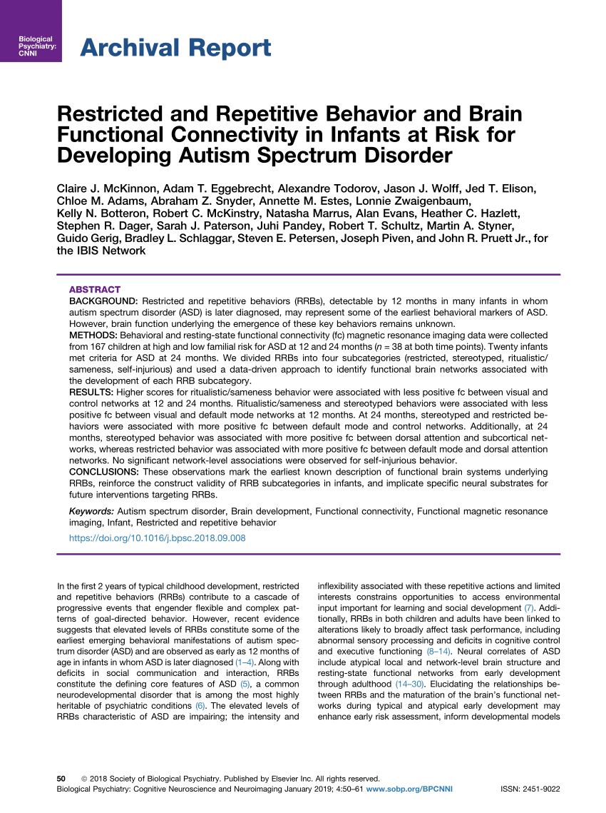 Pdf Restricted And Repetitive Behavior And Brain Functional Connectivity In Infants At Risk For Developing Autism Spectrum Disorder