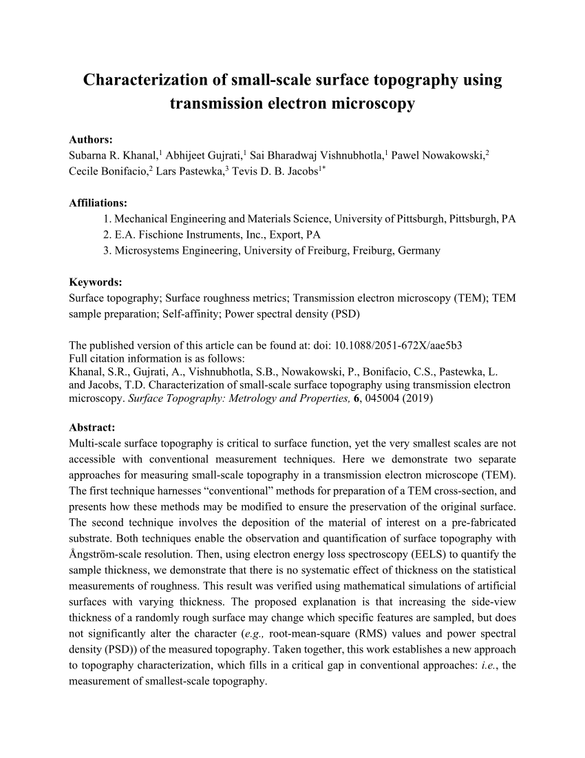 Pdf Characterization Of Small Scale Surface Topography Using Transmission Electron Microscopy