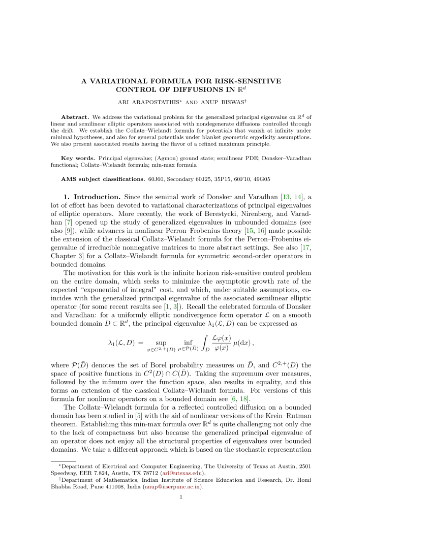 Pdf A Variational Formula For Risk Sensitive Control Of Diffusions In R D