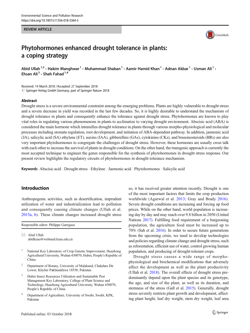 PDF) Phytohormones enhanced drought tolerance in plants: a coping 