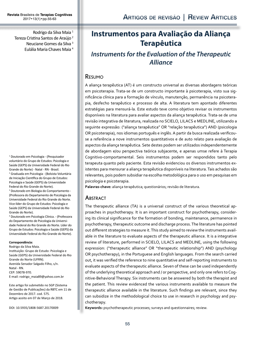 PDF) Escala de Aliança Psicoterápica da Califórnia na versão do paciente