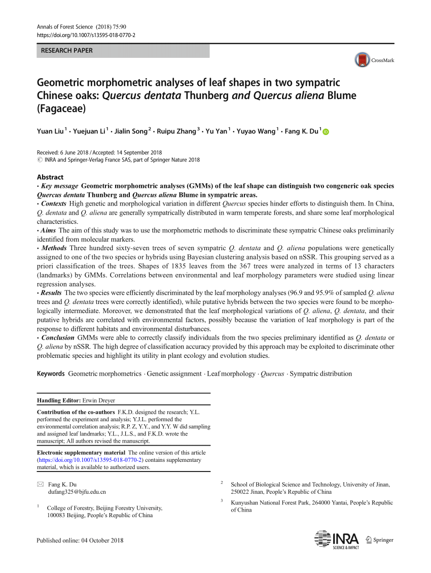 Pdf Geometric Morphometric Analyses Of Leaf Shapes In Two Sympatric Chinese Oaks Quercus Dentata Thunberg And Quercus Aliena Blume Fagaceae