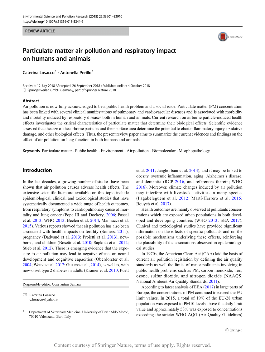 Particulate matter air pollution and respiratory impact on humans and  animals | Request PDF
