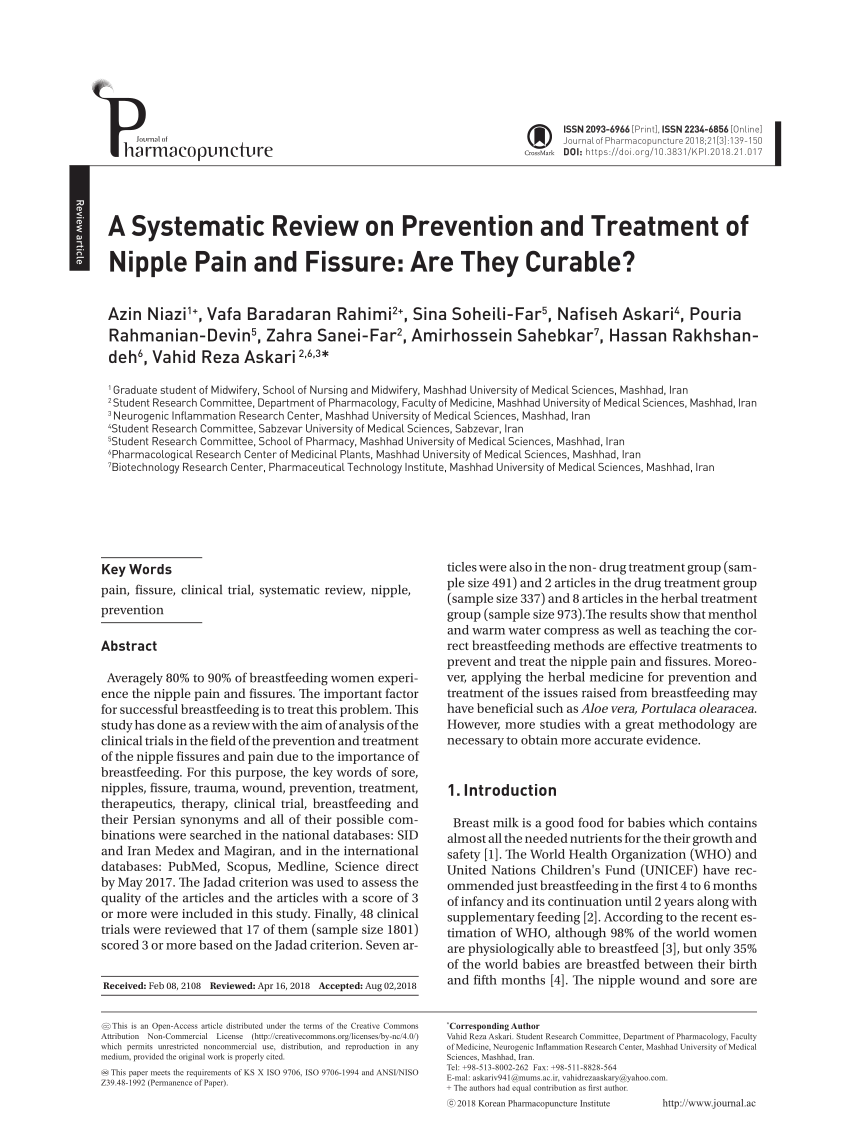 PDF] A Systematic Review on Prevention and Treatment of Nipple Pain and  Fissure: Are They Curable?