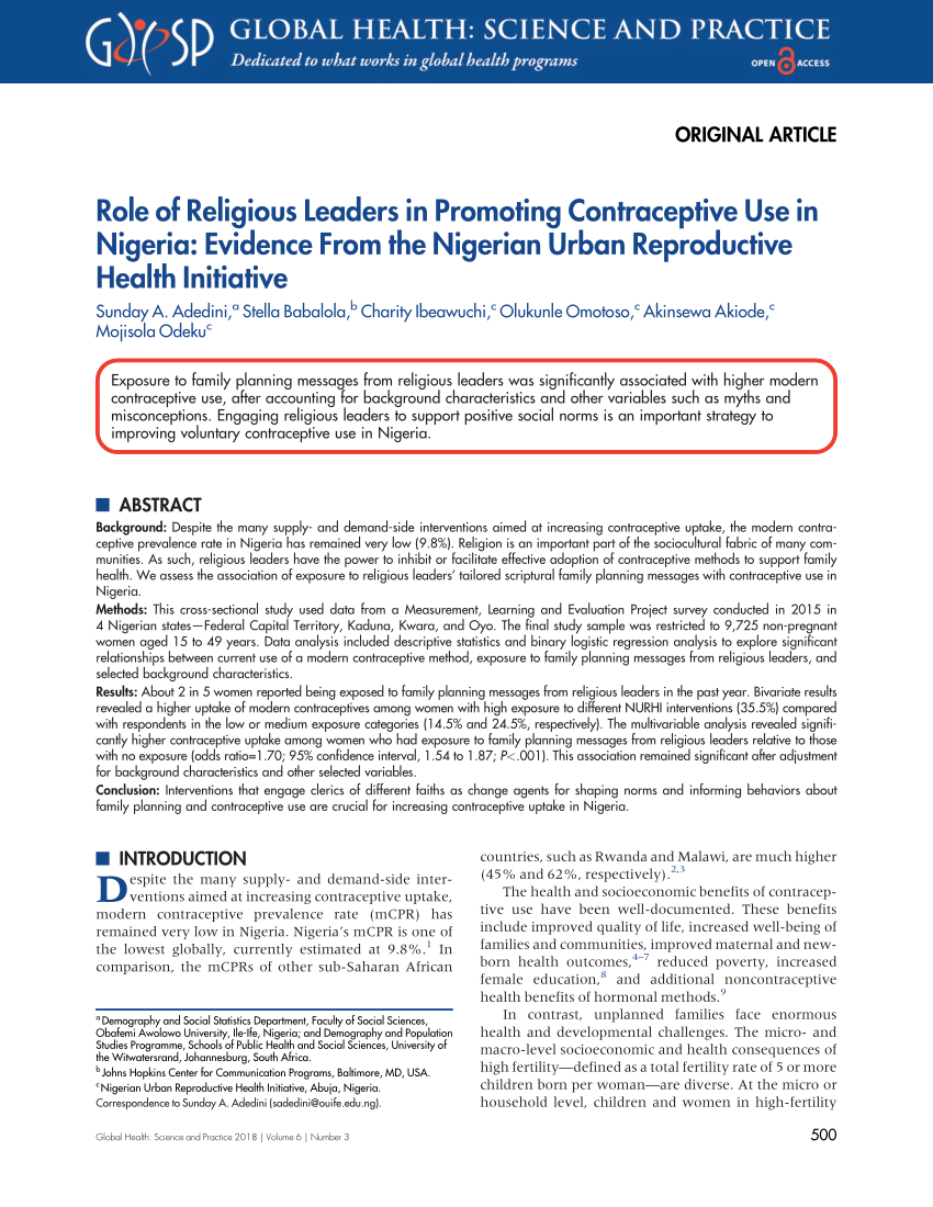 Pdf Role Of Religious Leaders In Promoting Contraceptive Use In Nigeria Evidence From The 9018