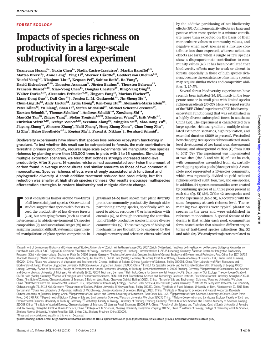 PDF) Impacts of species richness on productivity in a large-scale ...