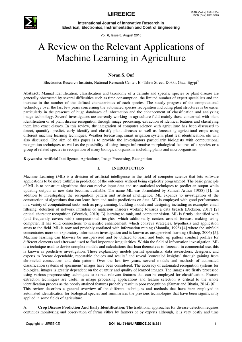 machine learning in agriculture research paper pdf