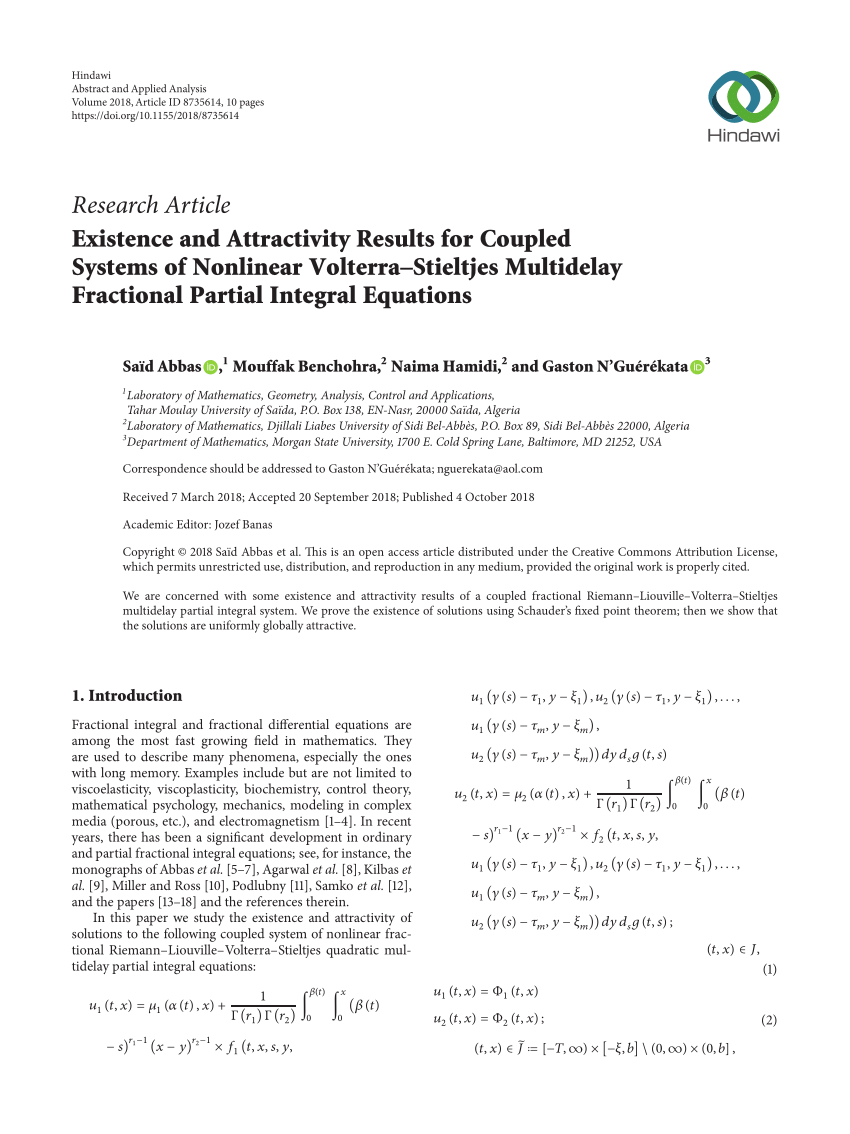 Pdf Existence And Attractivity Results For Coupled Systems Of Nonlinear Volterra Stieltjes Multidelay Fractional Partial Integral Equations