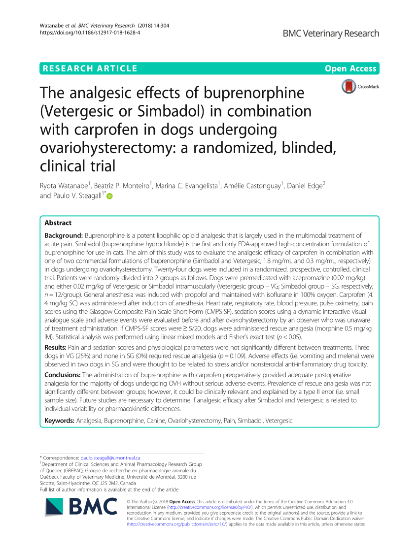 Pdf The Analgesic Effects Of Buprenorphine Vetergesic Or Simbadol In Combination With Carprofen In Dogs Undergoing Ovariohysterectomy A Randomized Blinded Clinical Trial