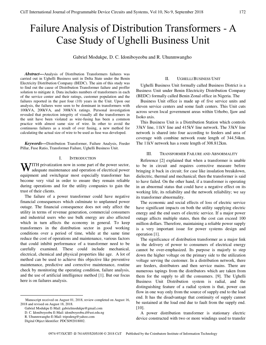 Pdf Failure Analysis Of Distribution Transformers A Case Study Of Ughelli Business Unit