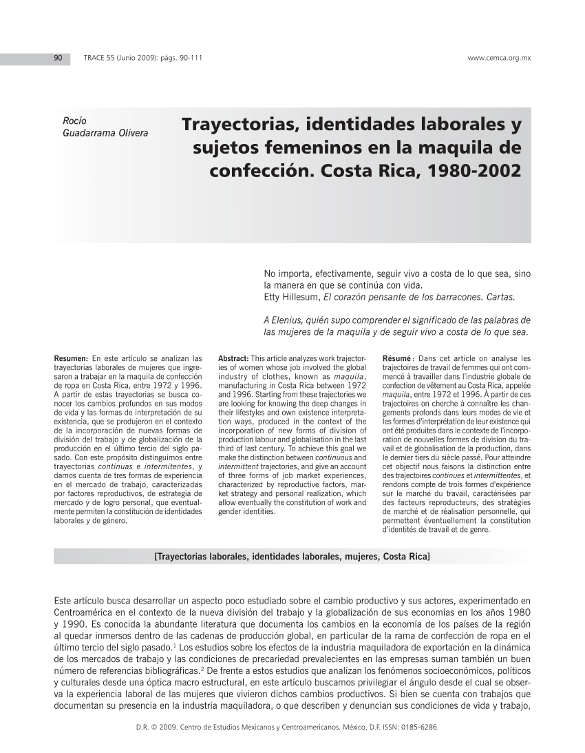 PDF) Trayectorias, identidades laborales y sujetos femeninos en la maquila  de confección. Costa Rica, 1980-2002