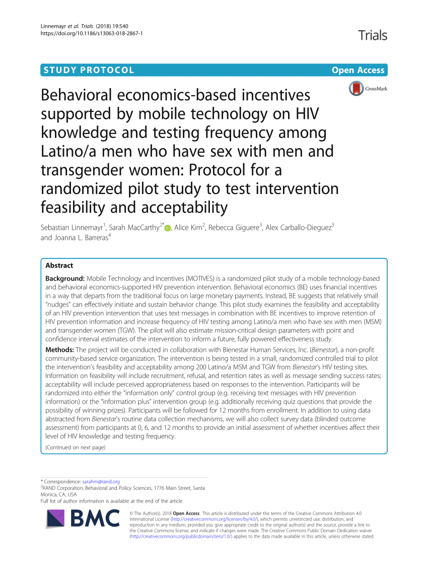 Pdf Behavioral Economics Based Incentives Supported By Mobile Technology On Hiv Knowledge And Testing Frequency Among Latino A Men Who Have Sex With Men And Transgender Women Protocol For A Randomized Pilot Study To