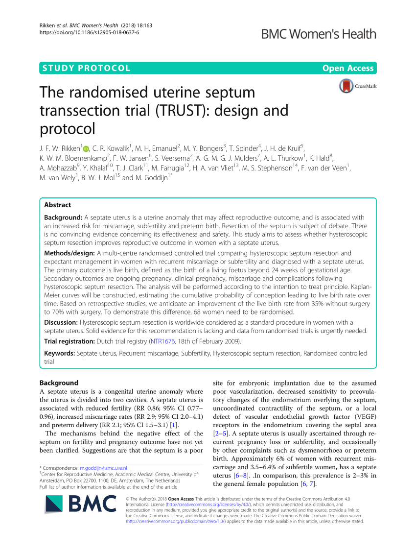 Pdf The Randomised Uterine Septum Transsection Trial Trust Design And Protocol