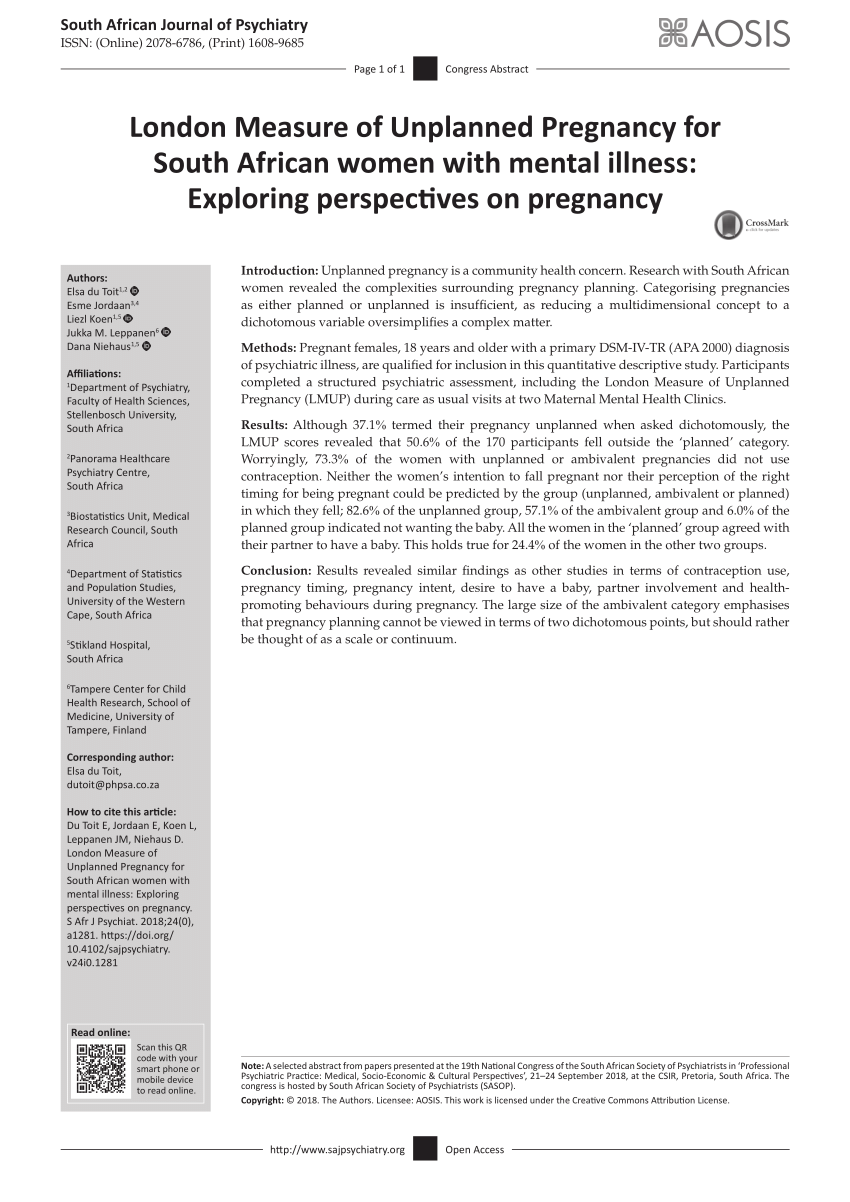 Pdf London Measure Of Unplanned Pregnancy For South African Women With Mental Illness