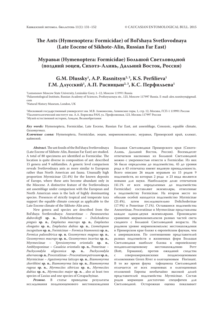 PDF The Ants Hymenoptera Formicidae of Bol shaya Svetlovodnaya  