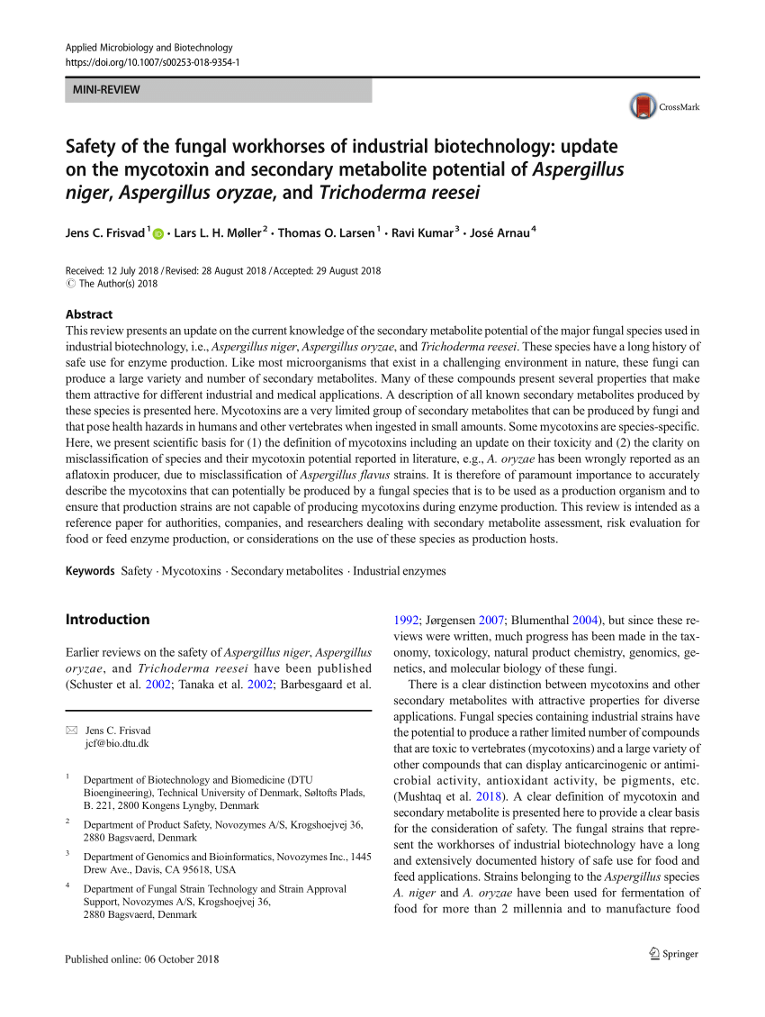 Pdf Safety Of The Fungal Workhorses Of Industrial Biotechnology Update On The Mycotoxin And Secondary Metabolite Potential Of Aspergillus Niger Aspergillus Oryzae And Trichoderma Reesei