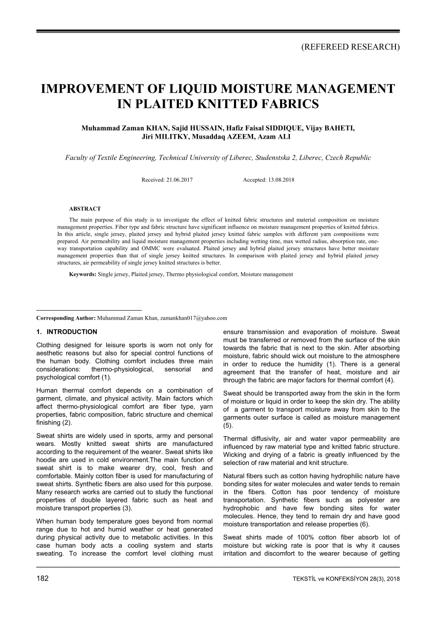 PDF) Improvement of liquid moisture management in plaited knitted