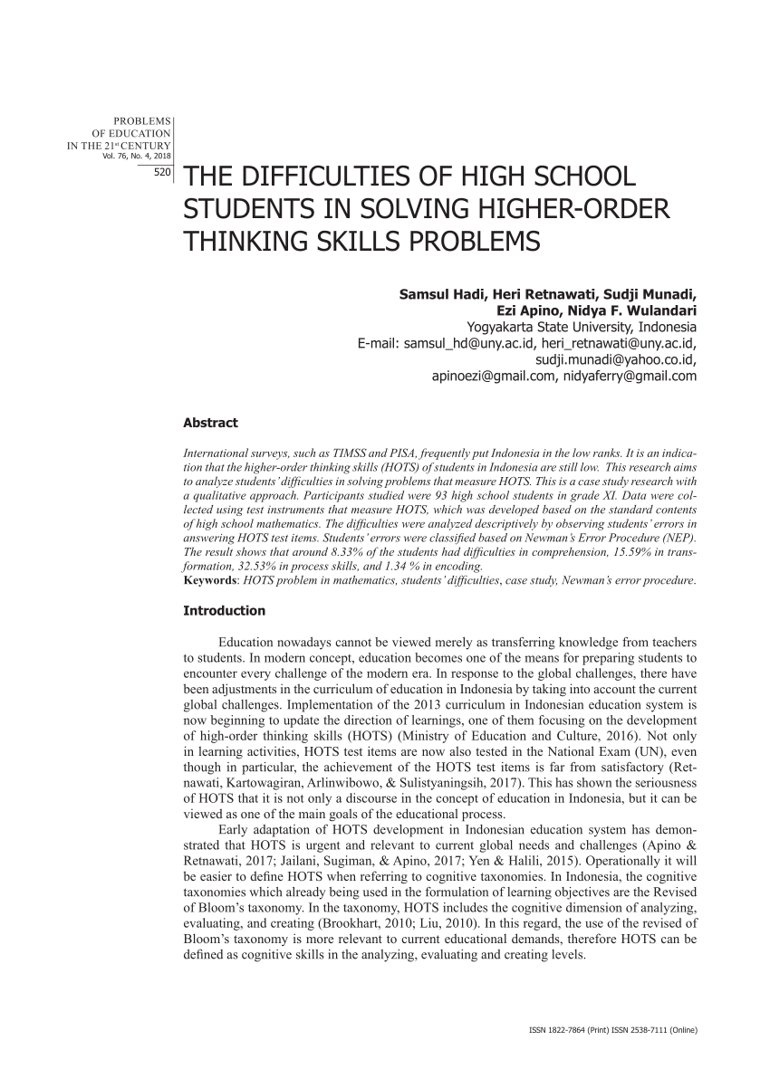 Pdf) The Difficulties Of High School Students In Solving Higher-Order  Thinking Skills Problems