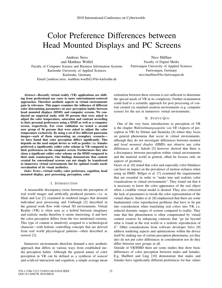 Pdf Color Preference Differences Between Head Mounted Displays And Pc Screens