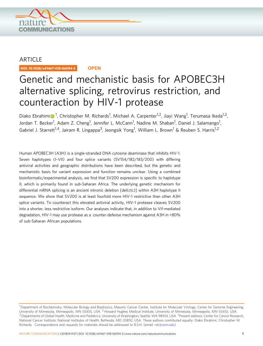 PDF) Genetic and mechanistic basis for APOBEC3H alternative splicing,  retrovirus restriction, and counteraction by HIV-1 protease