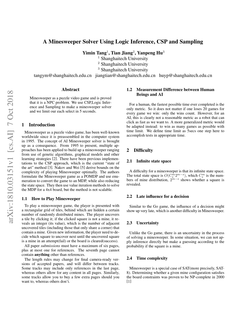 PDF) A Minesweeper Solver Using Logic Inference, CSP and Sampling